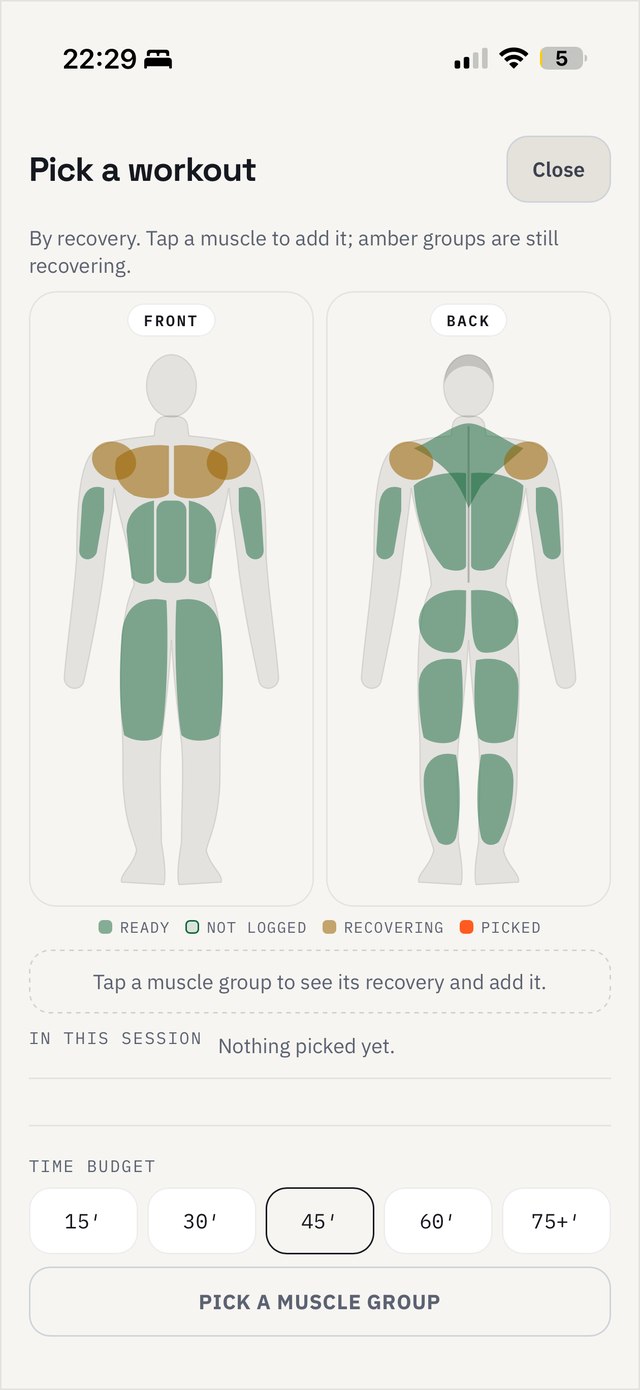Pick a workout by muscle group, coloured by recovery