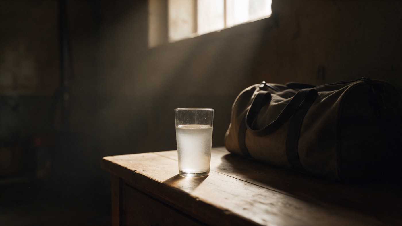A glass of cloudy water on a wooden worktop next to a canvas gym bag