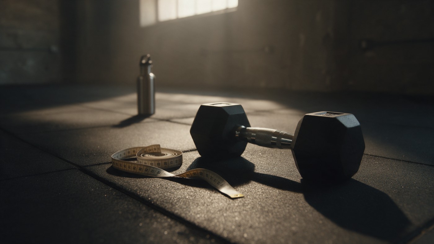A hex dumbbell lying on a rubber gym floor next to a coiled tape measure, with a water bottle behind it in a dim concrete hall