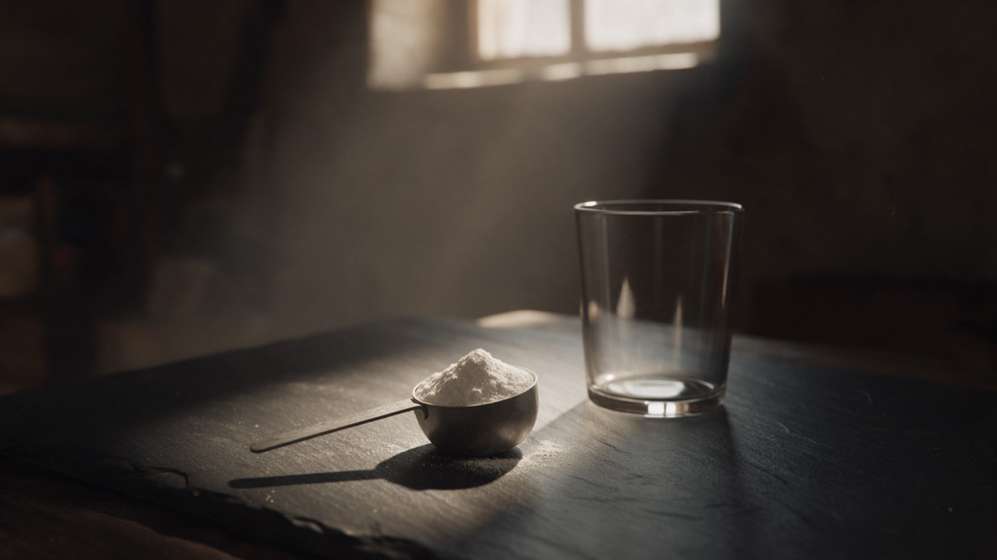A measuring scoop of white powder resting on dark slate beside an empty glass, lit from a high window