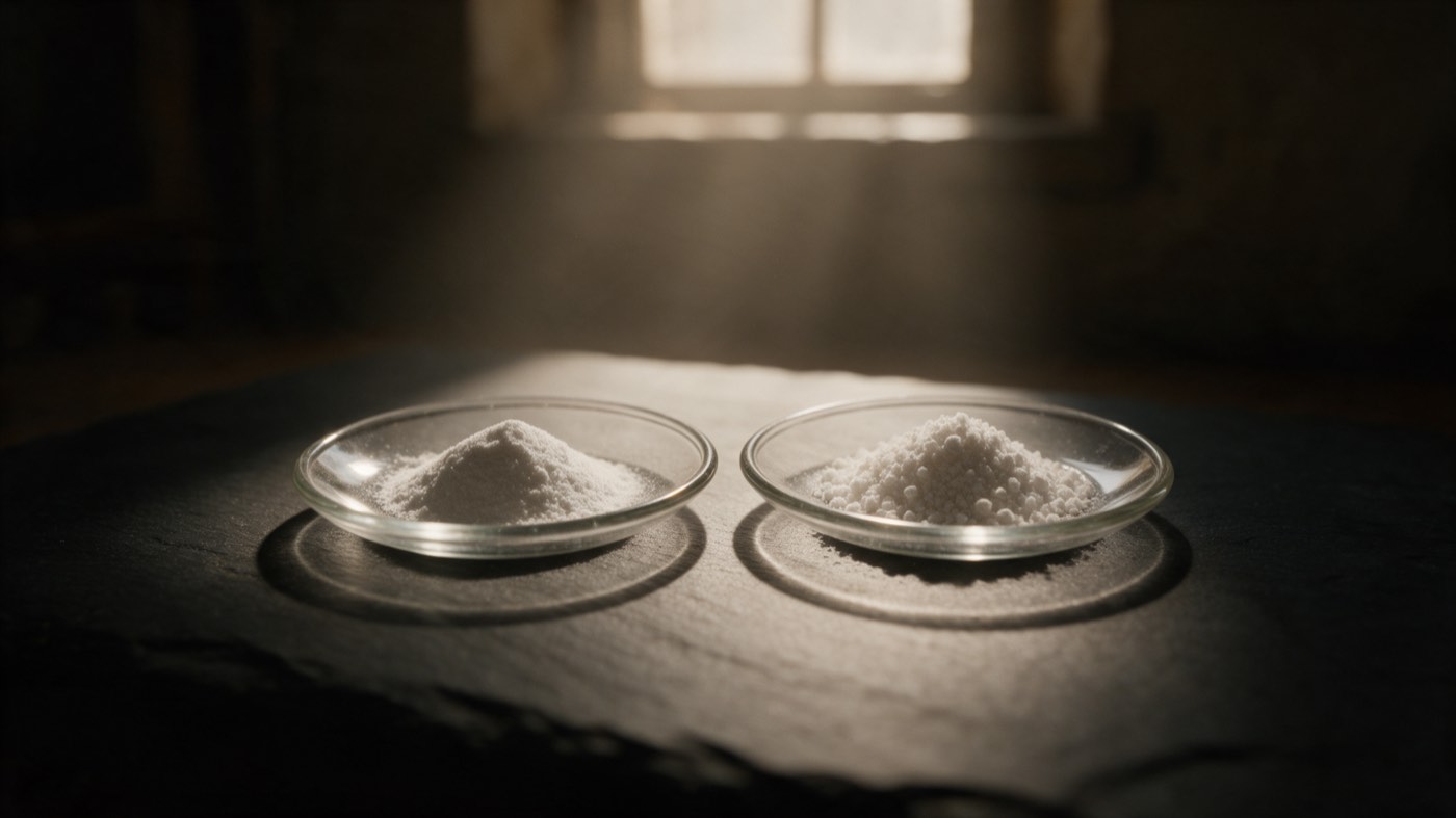 Two glass dishes side by side, each holding a small heap of white powder, one slightly coarser than the other