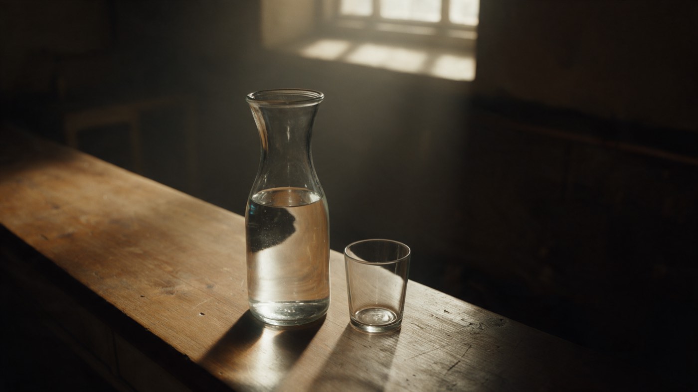 A glass water carafe beside an empty glass on a wooden worktop, with light refracting through the water