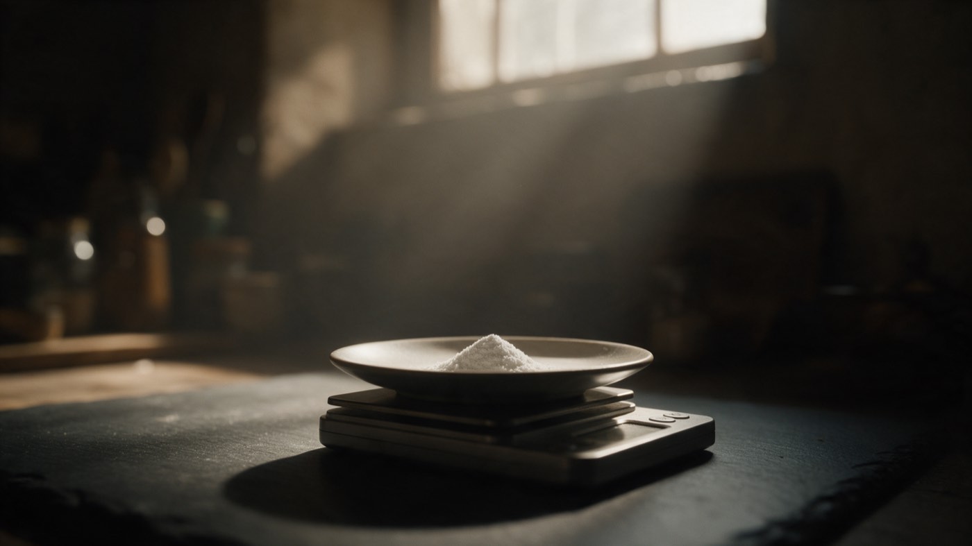 A precision scale with a shallow dish holding a small heap of white powder
