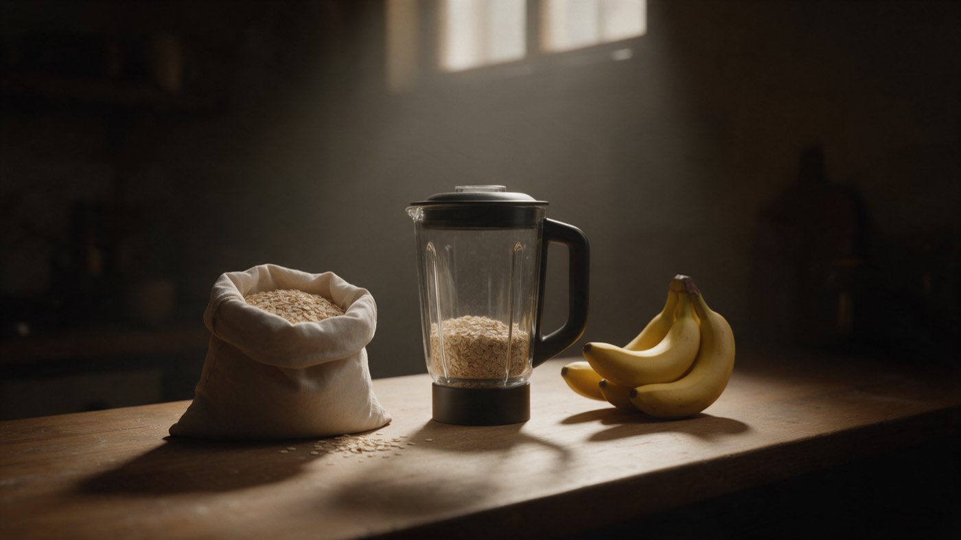 An open linen sack of rolled oats beside a glass blender jug and a bunch of bananas on a wooden worktop