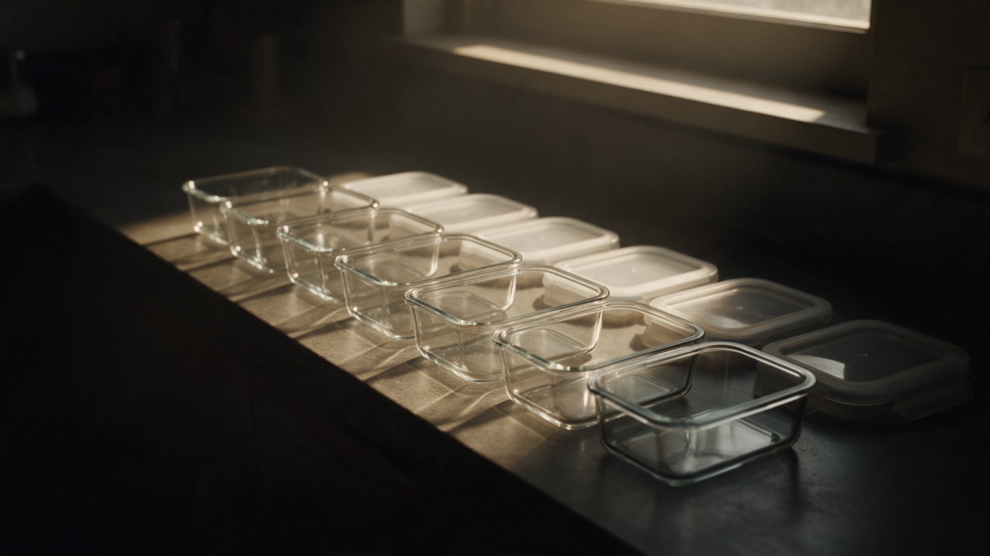 A row of empty glass storage containers with their lids beside them on a dark kitchen counter, lit from a high window