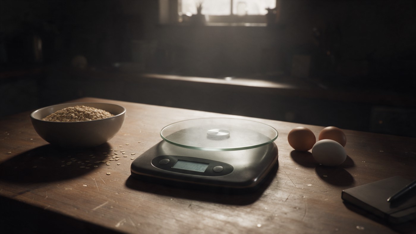 A digital kitchen scale with an empty glass platform on a wooden table, a bowl of rolled oats and three eggs beside it, in a dark kitchen lit by one high window