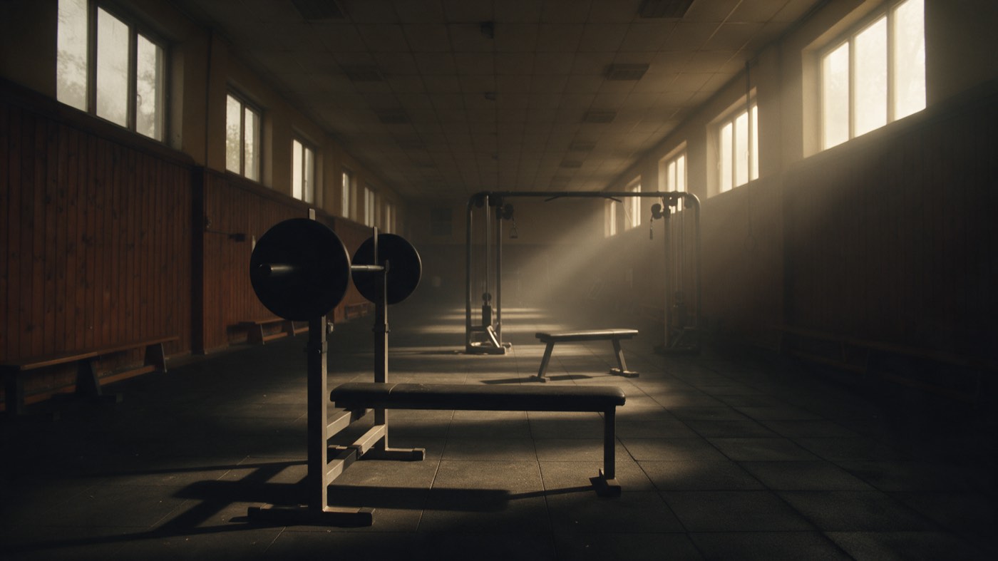 A long empty gym hall with a rack in the foreground, a flat bench in the middle and a cable station at the far end, lit by high windows