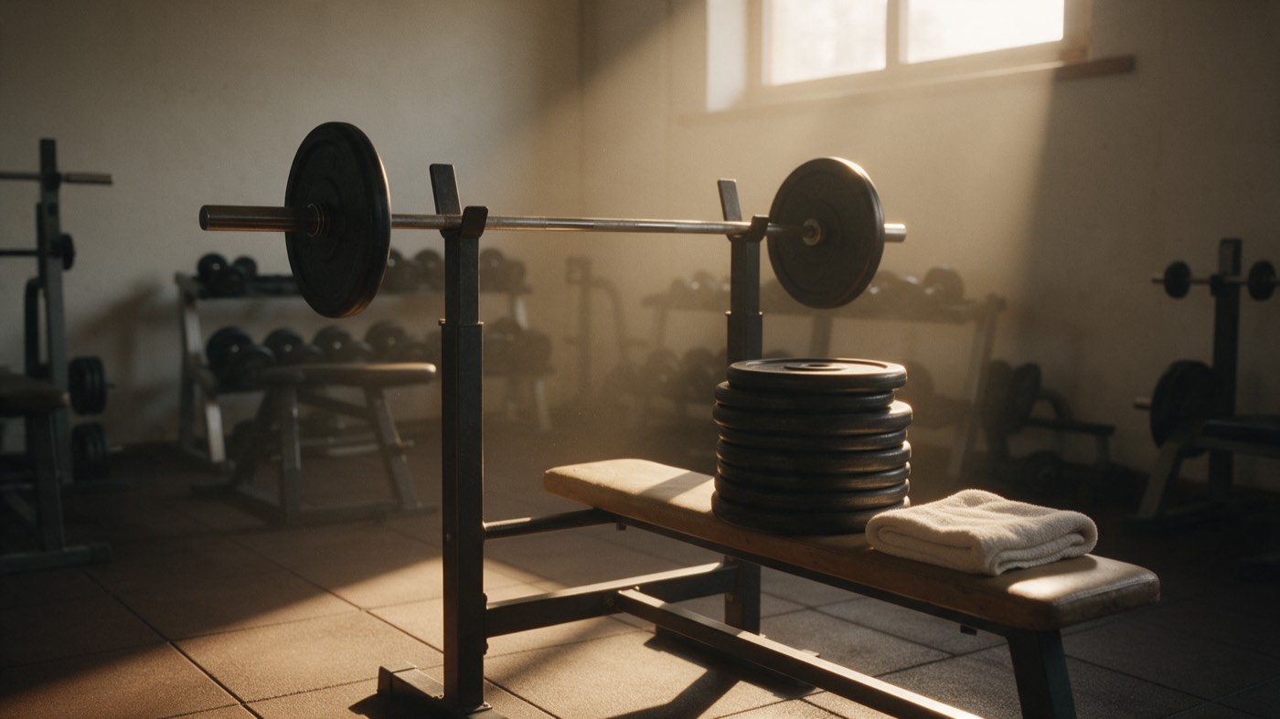 A barbell loaded with plates on a bench press station, with a stack of plates and a folded towel resting on the bench