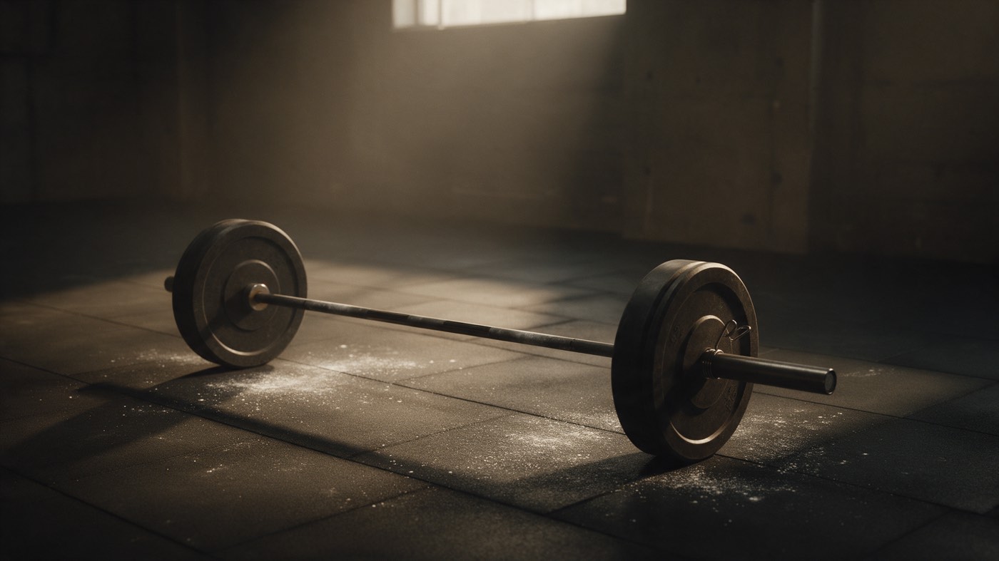 A loaded barbell lying flat on a rubber gym floor, chalk dust scattered around it, with warm light from a window on the back wall